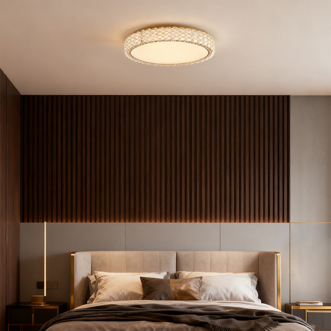 Round LED flush mount ceiling light fixtures above modern minimalist living area.
