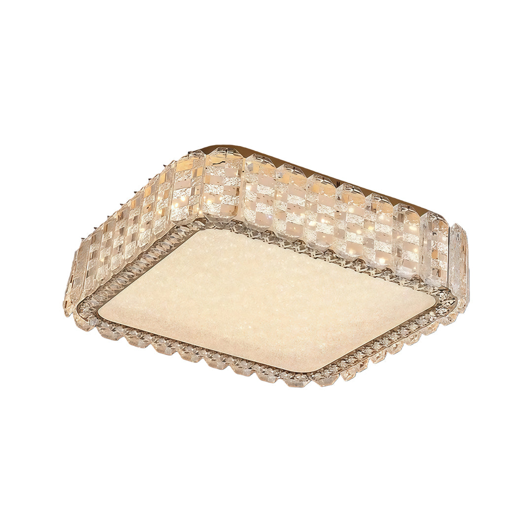 Square LED flush mount ceiling light fixtures with crystal design and gold frame.