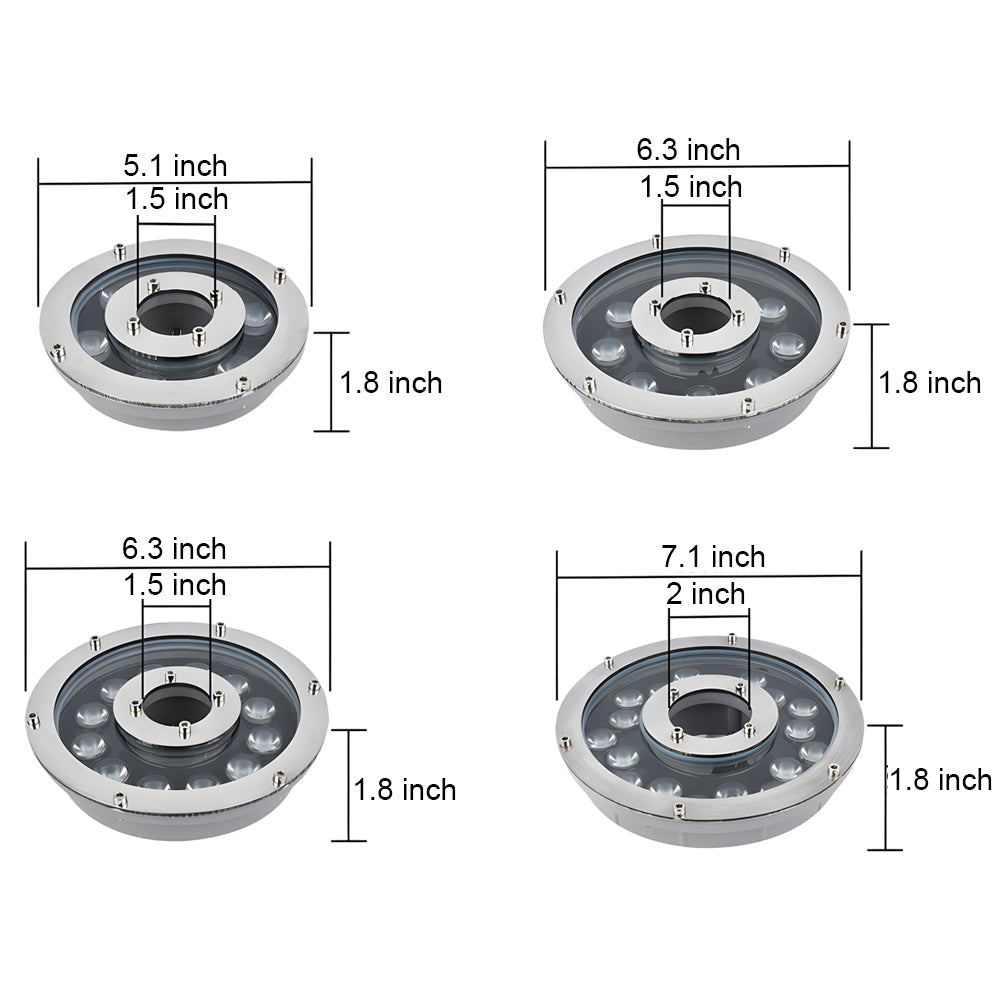 Technical specifications drawing showing various sizes of LED fountain light fixtures with dimensions