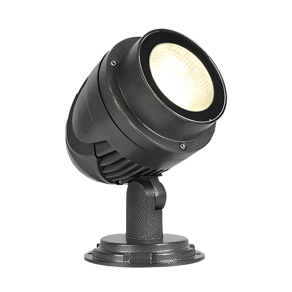 LED landscape spotlight product shown on ground stake for outdoor installation.