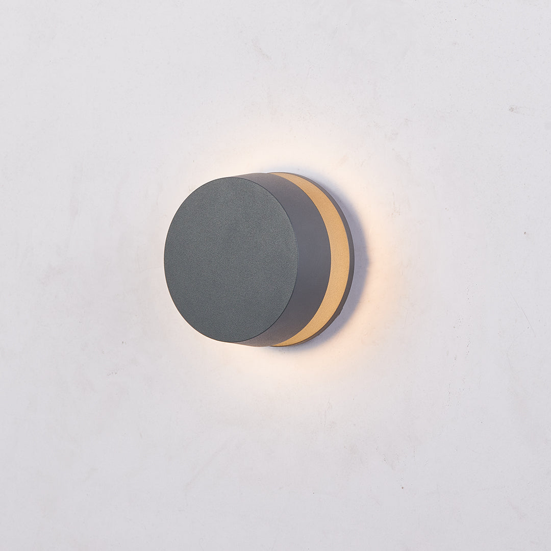 LED outdoor landscape lights mounted against a neutral background, highlighting its circular form and warm light band.