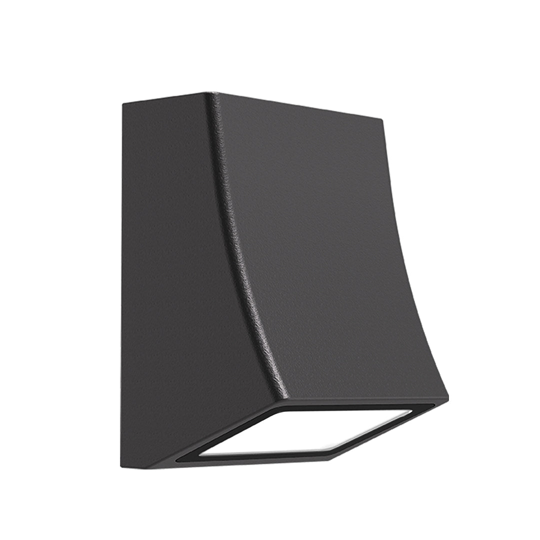 Led outdoor wall sconce product image highlighting sculpted shape and downward lighting angle.