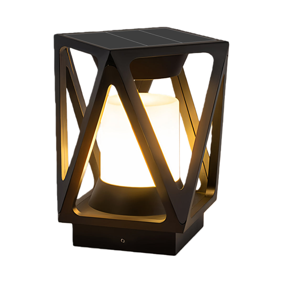 Compact led pillar light with crisscross pattern and warm inner glow, designed for outdoor landscape accents.