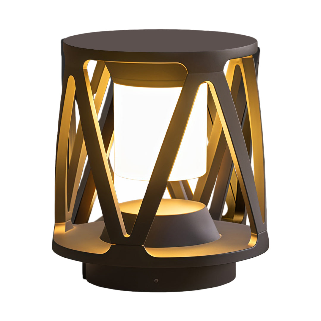 Cylindrical led pillar light with geometric lattice frame and soft warm lighting, shown in a simple product view.