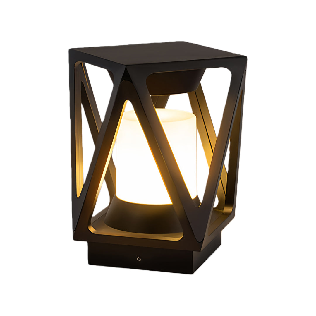 Tall rectangular led pillar light with black open-frame structure and warm internal lighting, displayed as a product image.