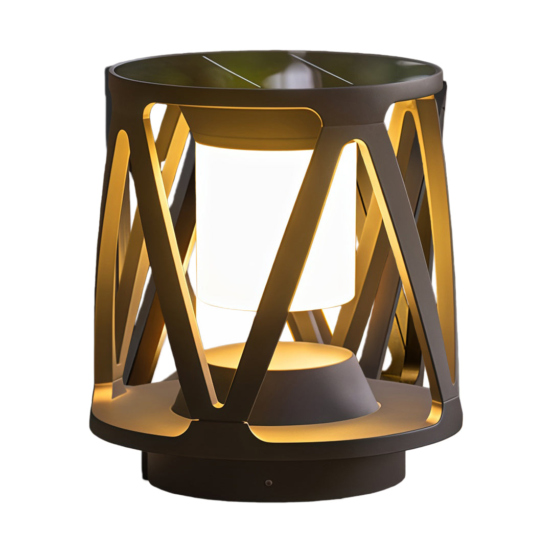 Round led pillar light featuring a rustic bronze metal frame and warm interior illumination, presented on a clean background.