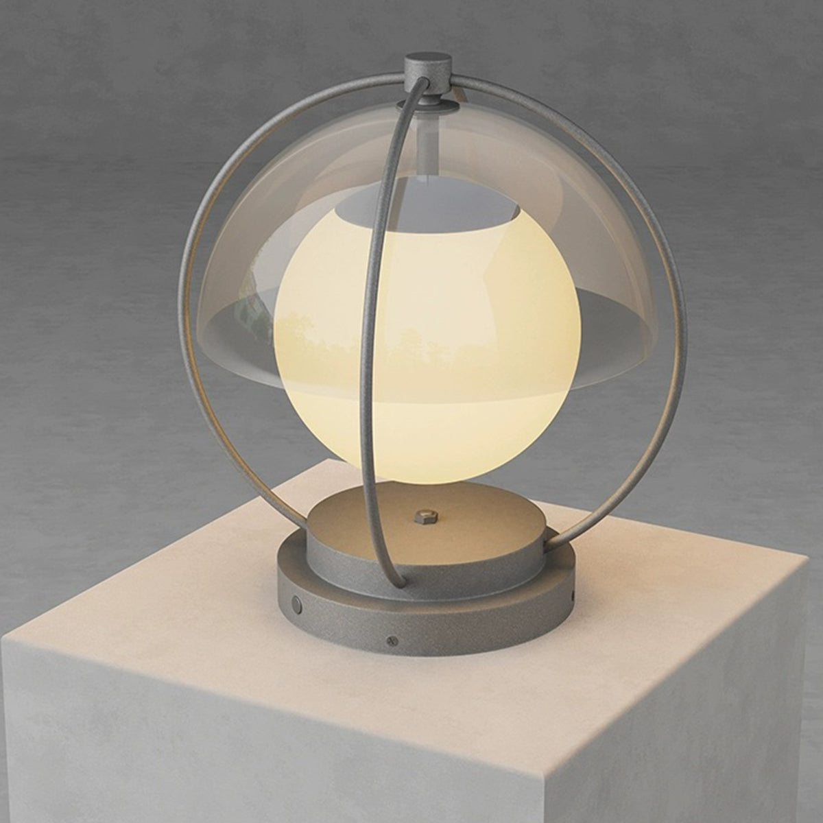 Angled view of led pillar lights outdoor showing spherical lamp with metal base and warm lighting