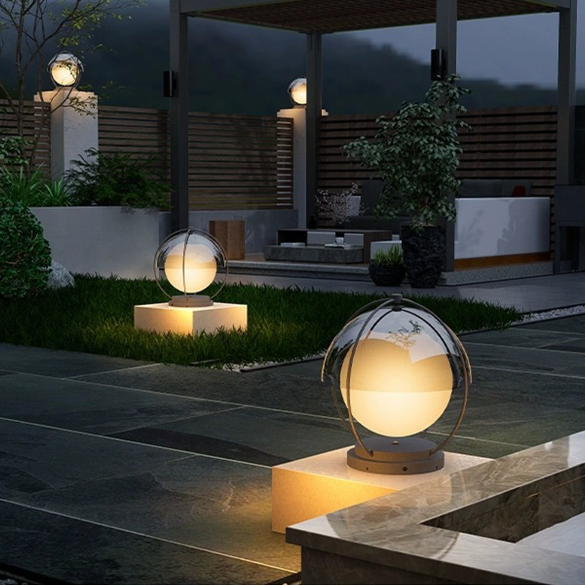 Contemporary led pillar lights outdoor along pathway providing safe and elegant outdoor illumination