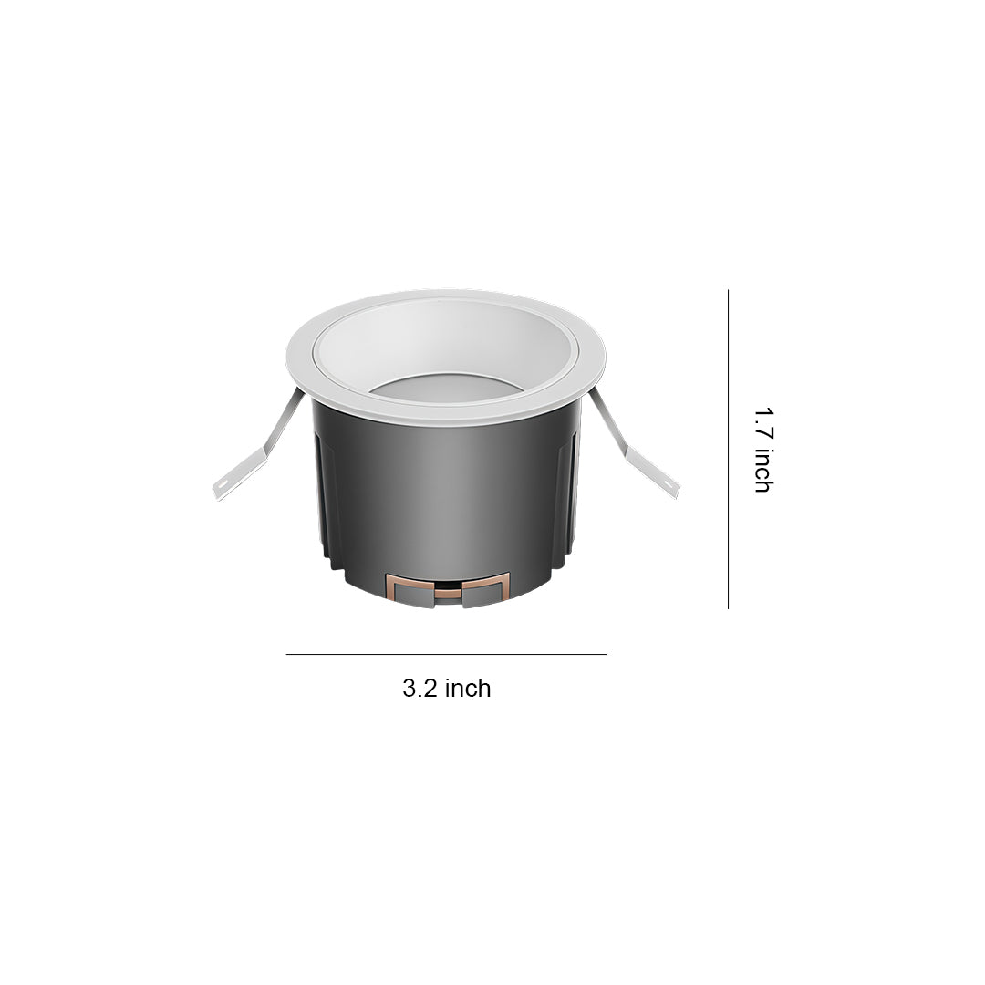 LED recessed spotlight with compact round housing and white trim ring, shown with dimensional measurements