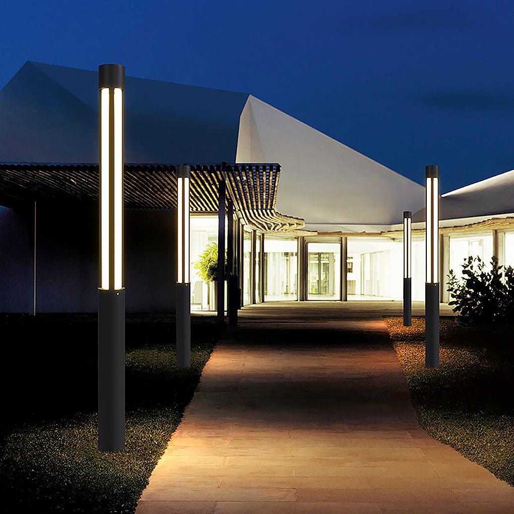 Residential bollard lights LED black outdoor landscape light enhances safety and ambiance with modern energy-efficient lighting.