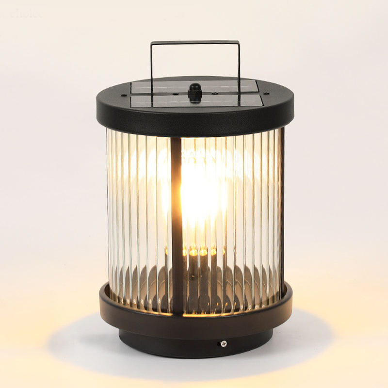 LED solar lantern for outdoor use, providing elegant lighting on a grassy lawn with outdoor seating.