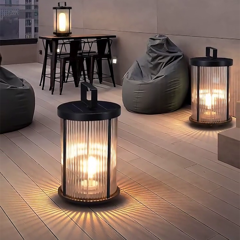 LED solar lanterns outdoor for outdoor use, providing ambient light on a wooden deck with modern furniture.