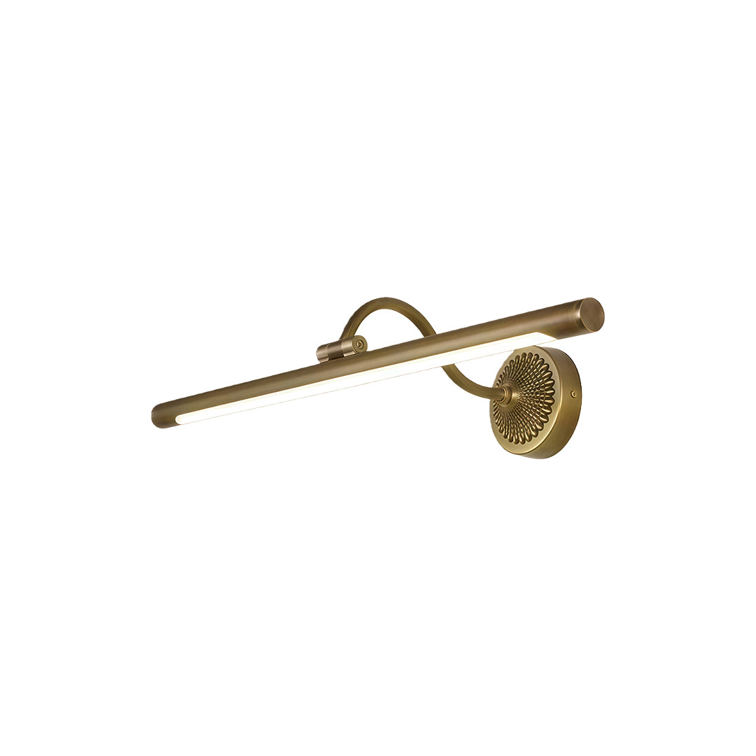 LED vanity bathroom lights with a brass finish, highlighting a curved arm and elegant design.