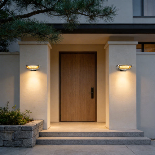 LED wall sconce outdoor outdoor wall mounted solar lights at front entrance providing soft automatic lighting.