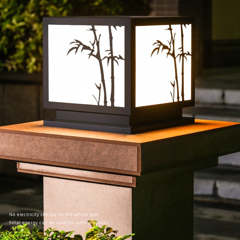 Light box pillar lights with a close-up of their illuminated bamboo pattern.