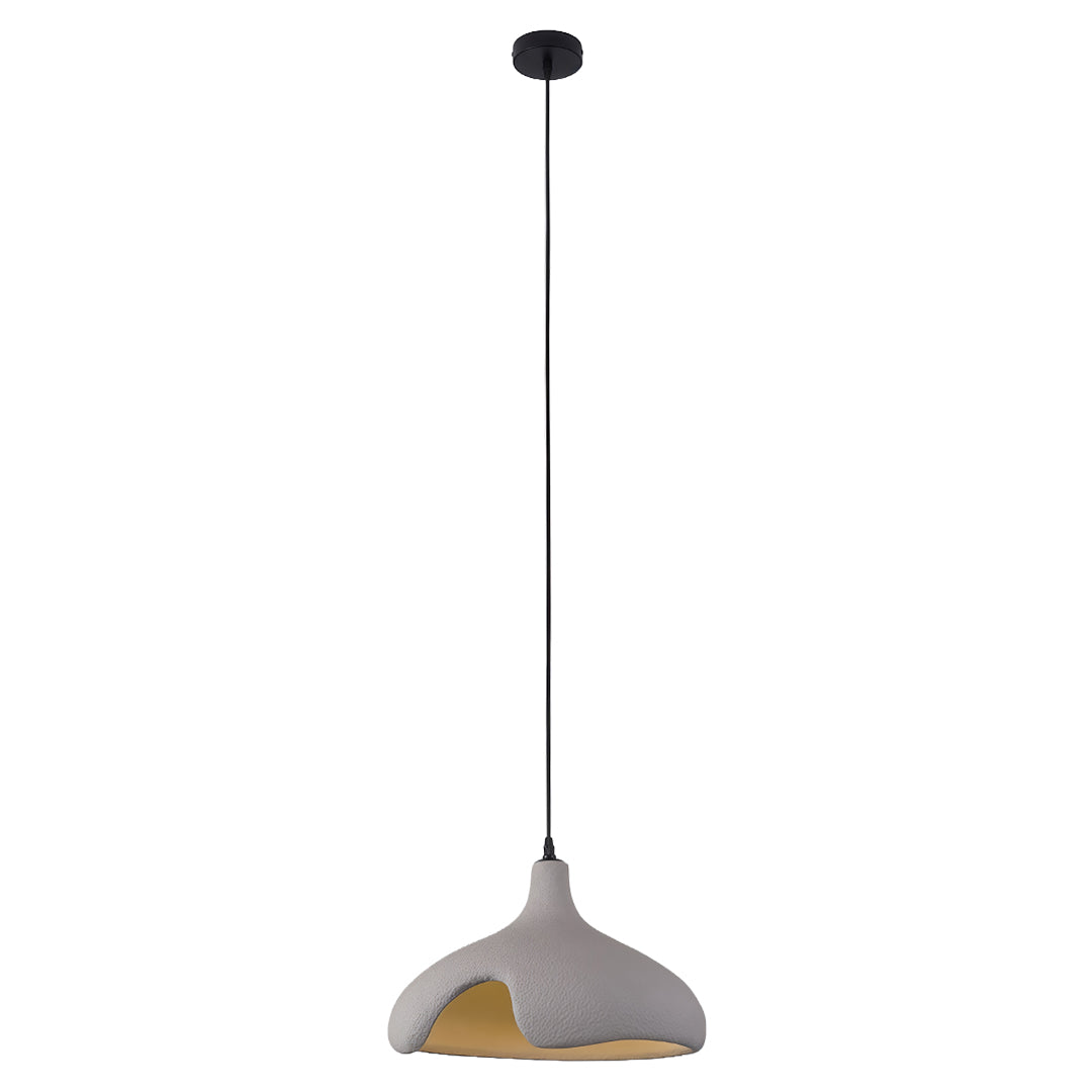 Light gray cement pendant light with subtle curves and gold interior, hanging from ceiling.