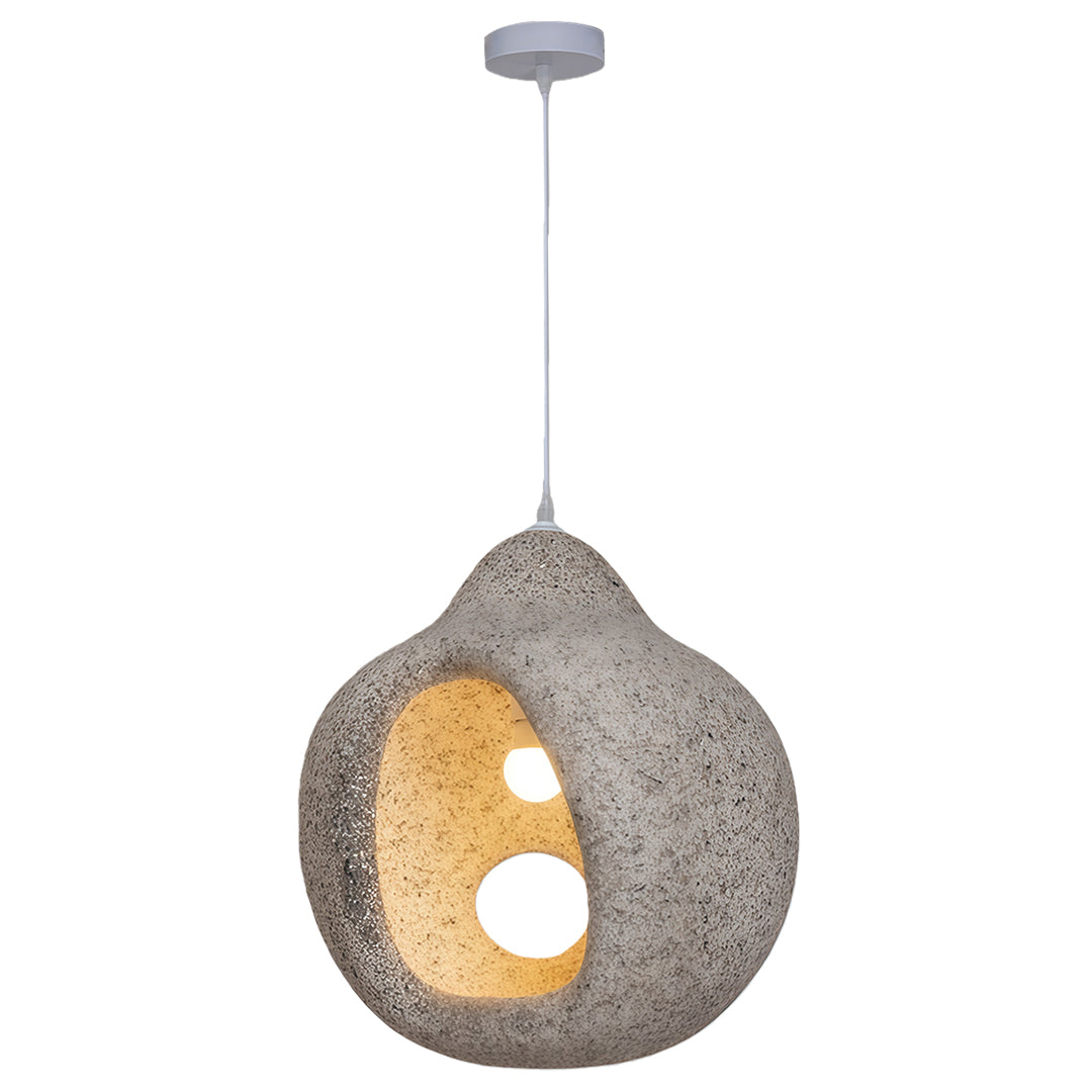 Light gray Nordic wabi sabi pendant light featuring smooth pebble-inspired form and warm golden glow inside.