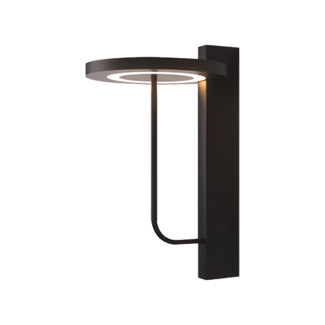 Minimalist outdoor lighting fixture with circular shade and slim vertical mount, ideal for modern exteriors.