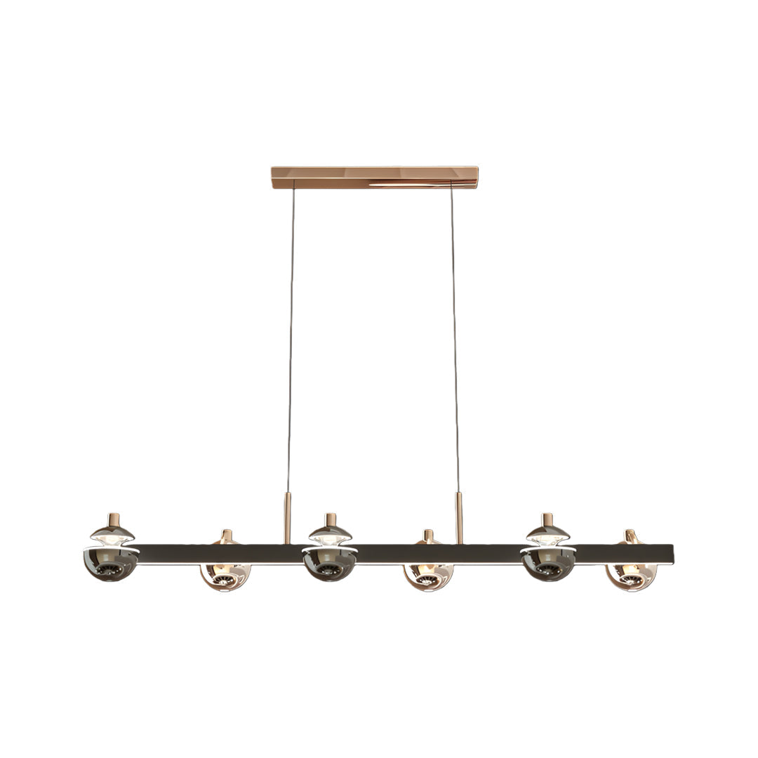 Linear black and gold modern chandelier with horizontal bar design and multiple spherical glass shade elements