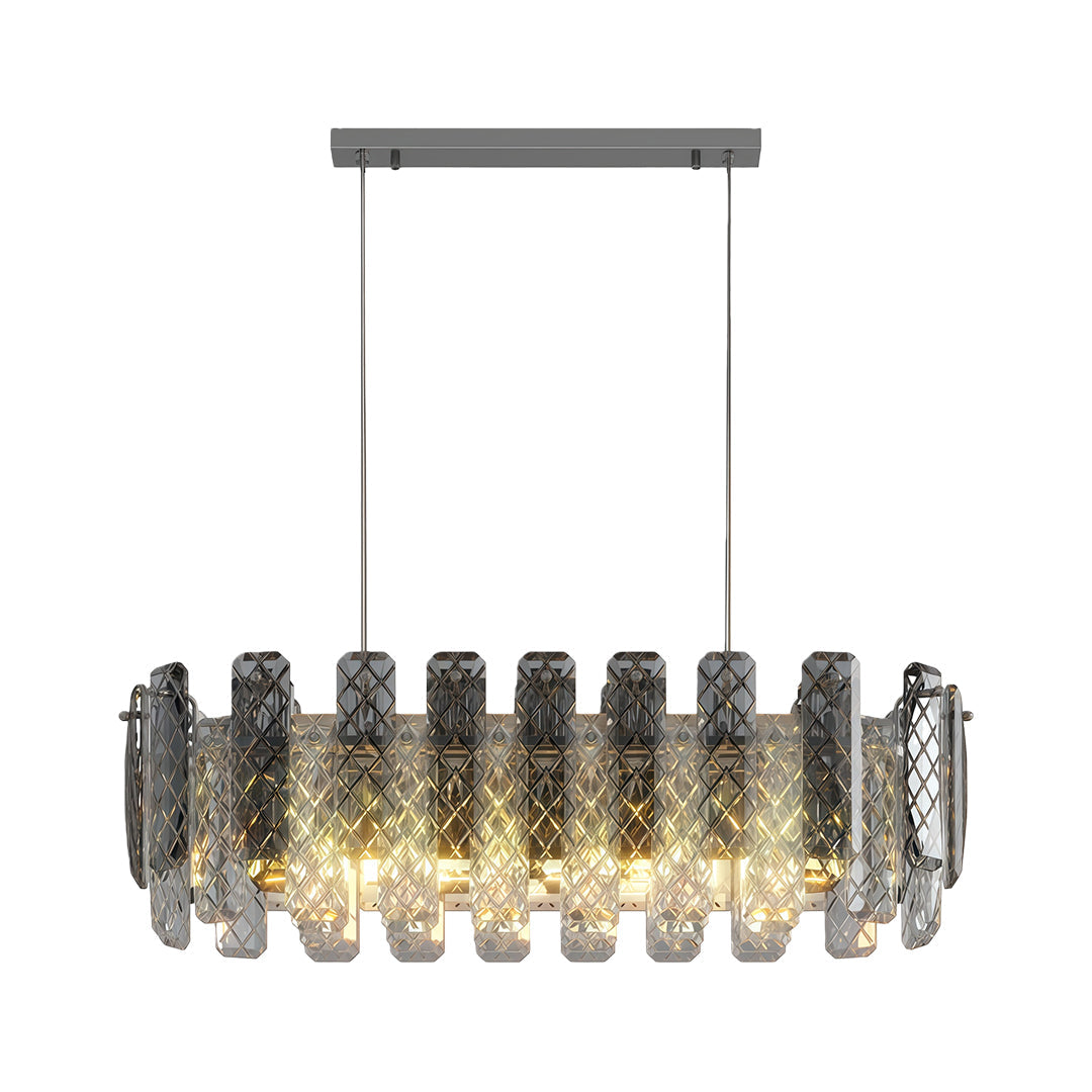 Contemporary crystal chandeliers with linear black frame and cascading glass elements.