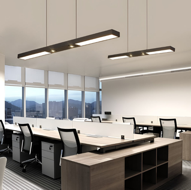 Linear ceiling pendant light above long office table