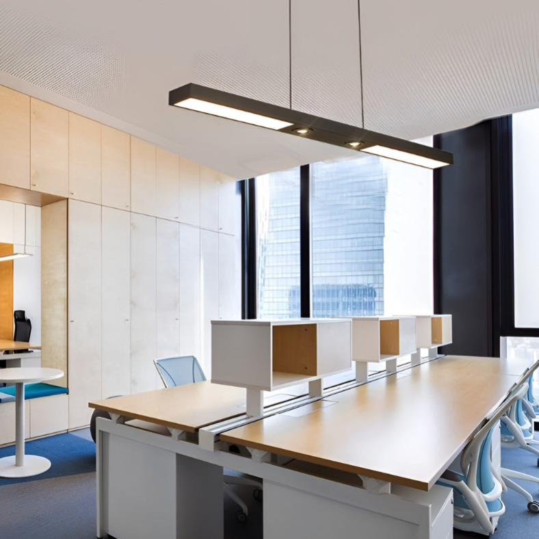 Linear ceiling pendant light used in open meeting space
