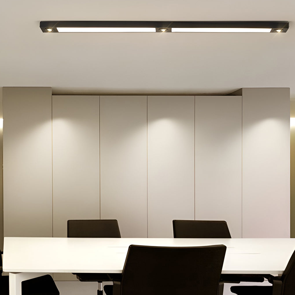 Linear ceiling pendant light installed in modern office workspace