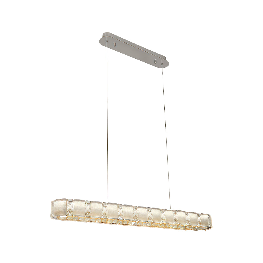 Linear chrome chandelier with rectangular crystal glass panels creating elegant suspended lighting.