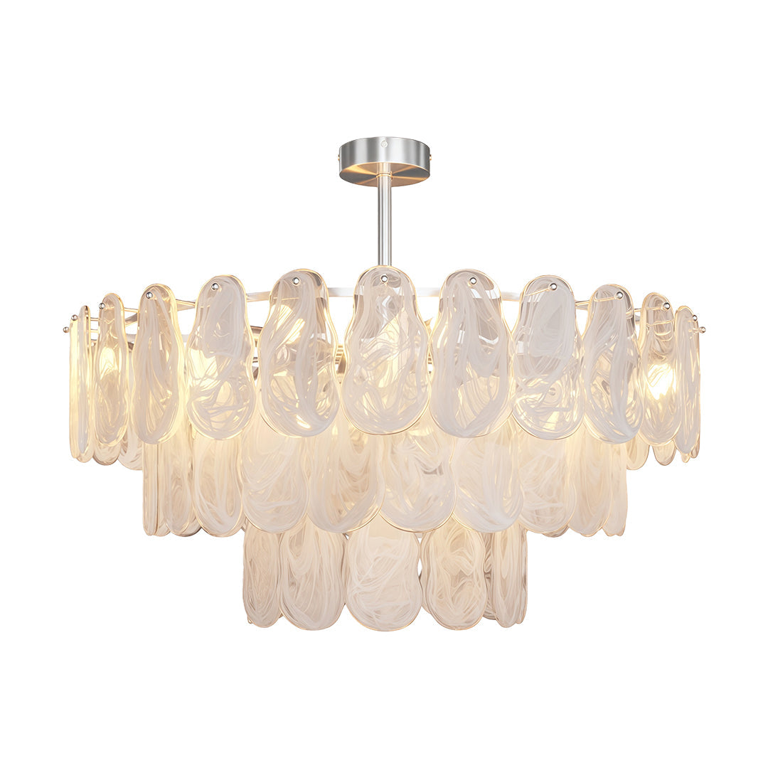 Luxury midcentury modern chandeliers in linear chrome design with symmetrical frosted glass elements.