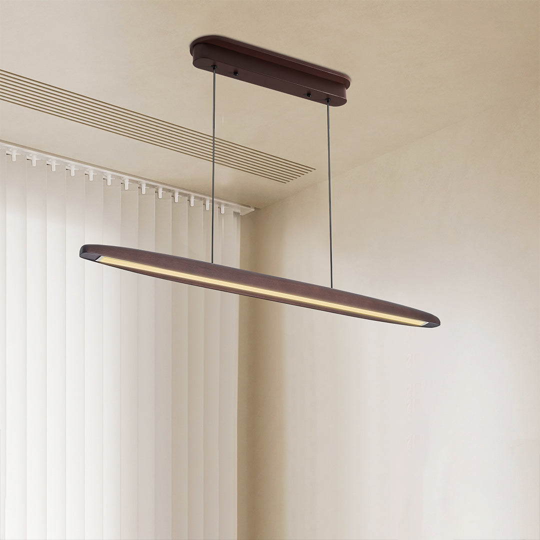 Upgrade your space with linear LED pendant lighting in a dark wood finish, combining sleek style with efficient illumination for modern interiors.