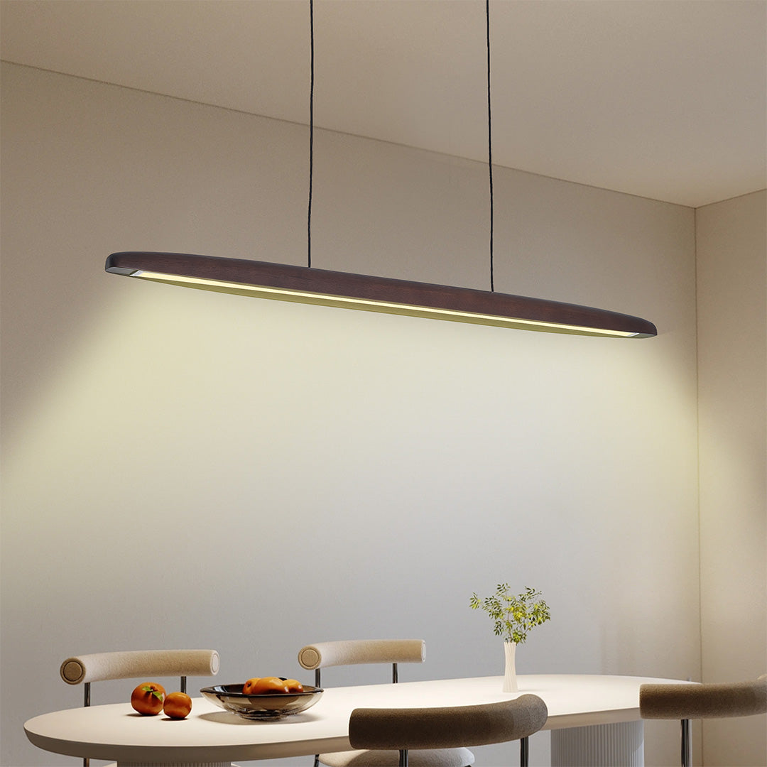 Illuminate your space with linear LED pendant lighting in dark wood finish, offering sleek, modern design and energy-efficient illumination.