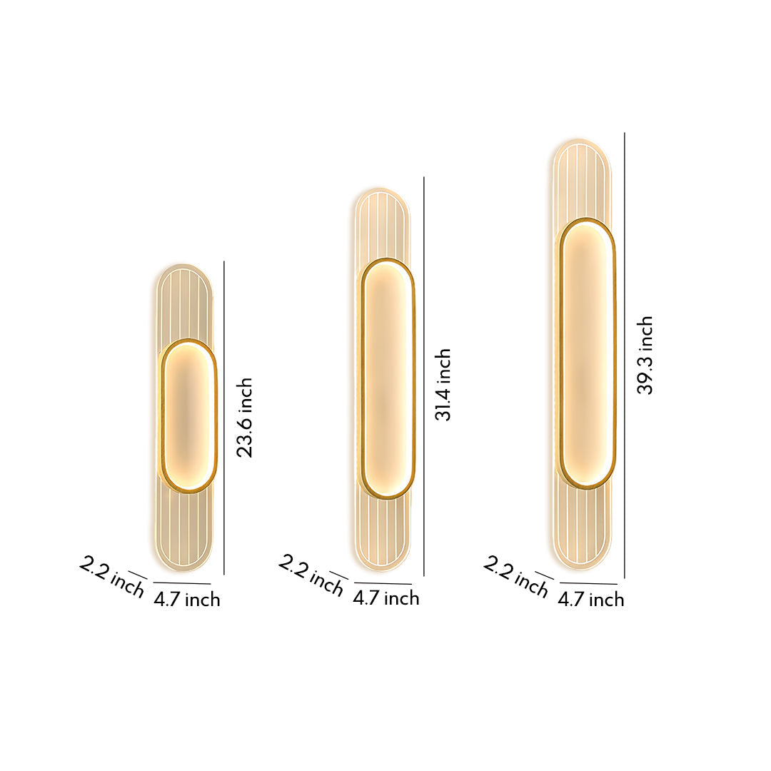 Linear led wall light collection showing three sizes with oval gold frames and vertical ribbed accent details