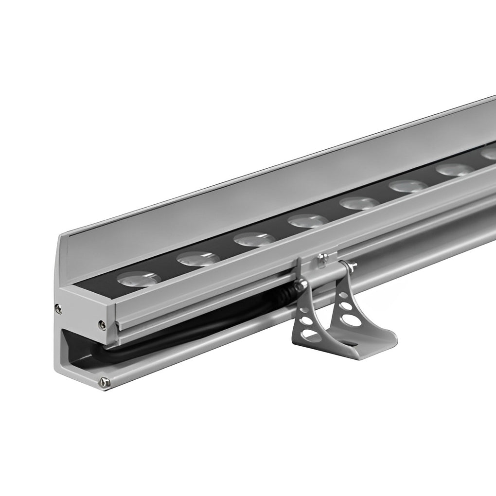 Linear LED wall washer with end cap and wiring, highlighting its sleek and functional design.