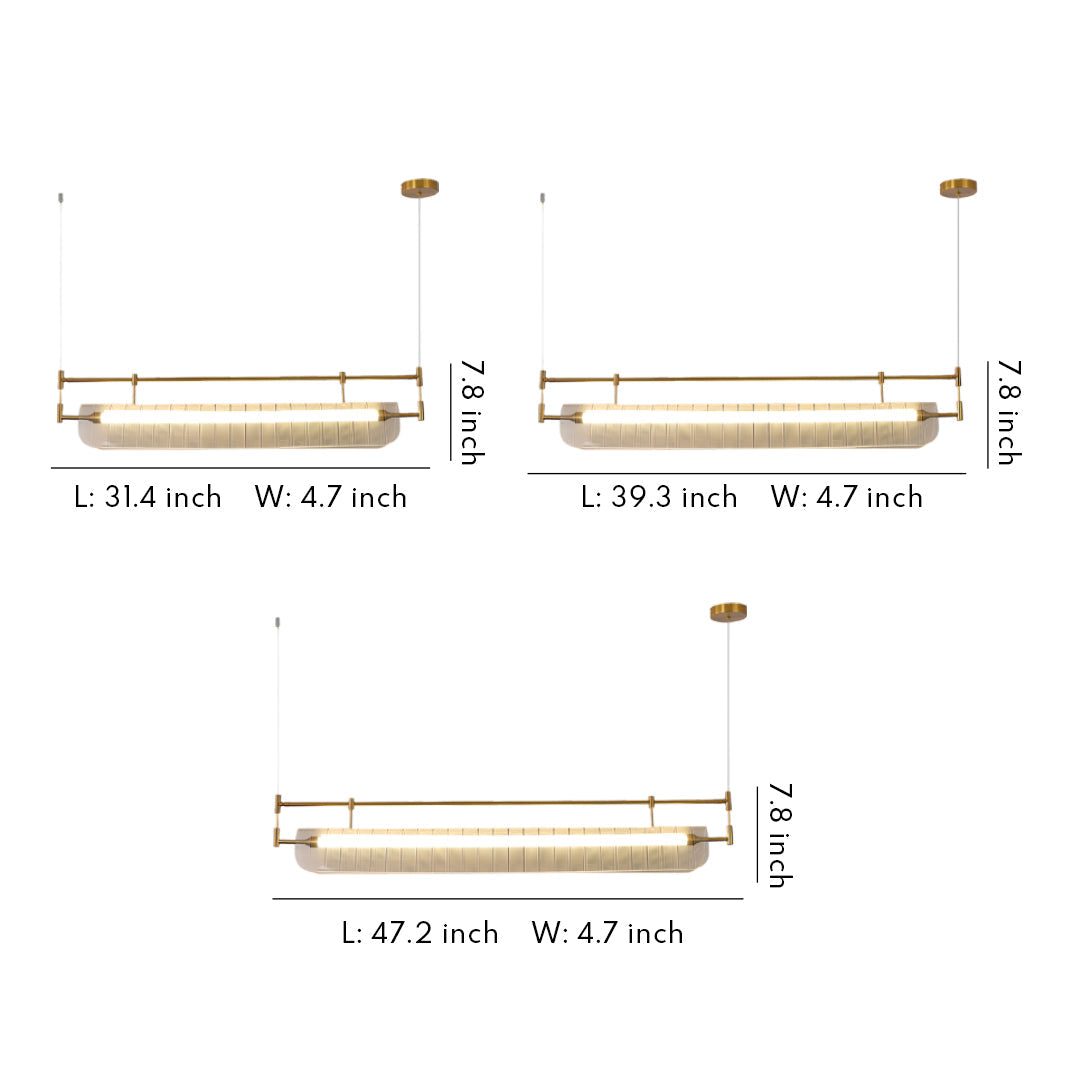 Linear light pendant technical drawing showing dimensions and measurements for two-tone design with white background.