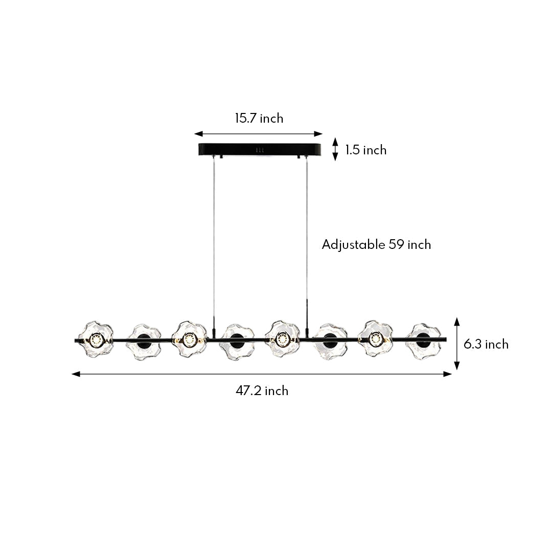 Technical specification drawing of linear pendant chandelier showing measurements and glass bulb placement along horizontal bar