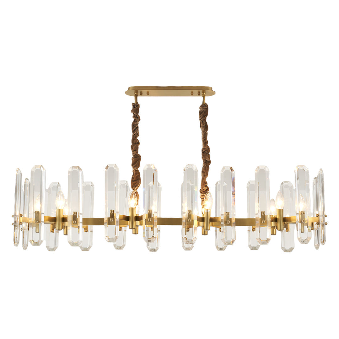 Chandelier brass modern in linear configuration with symmetrical crystal glass arrangement