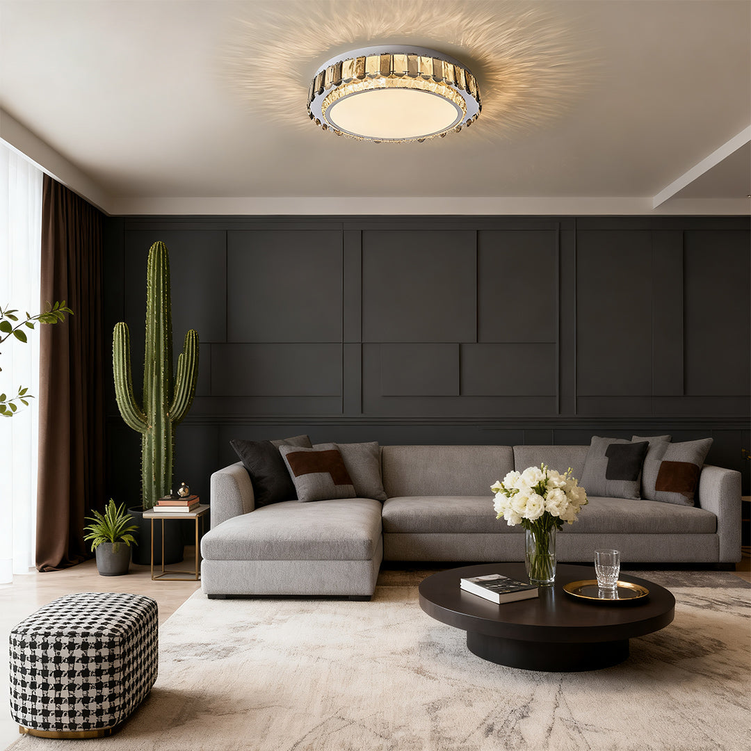 Round LED light fixtures flush mount illuminating a stylish living room.