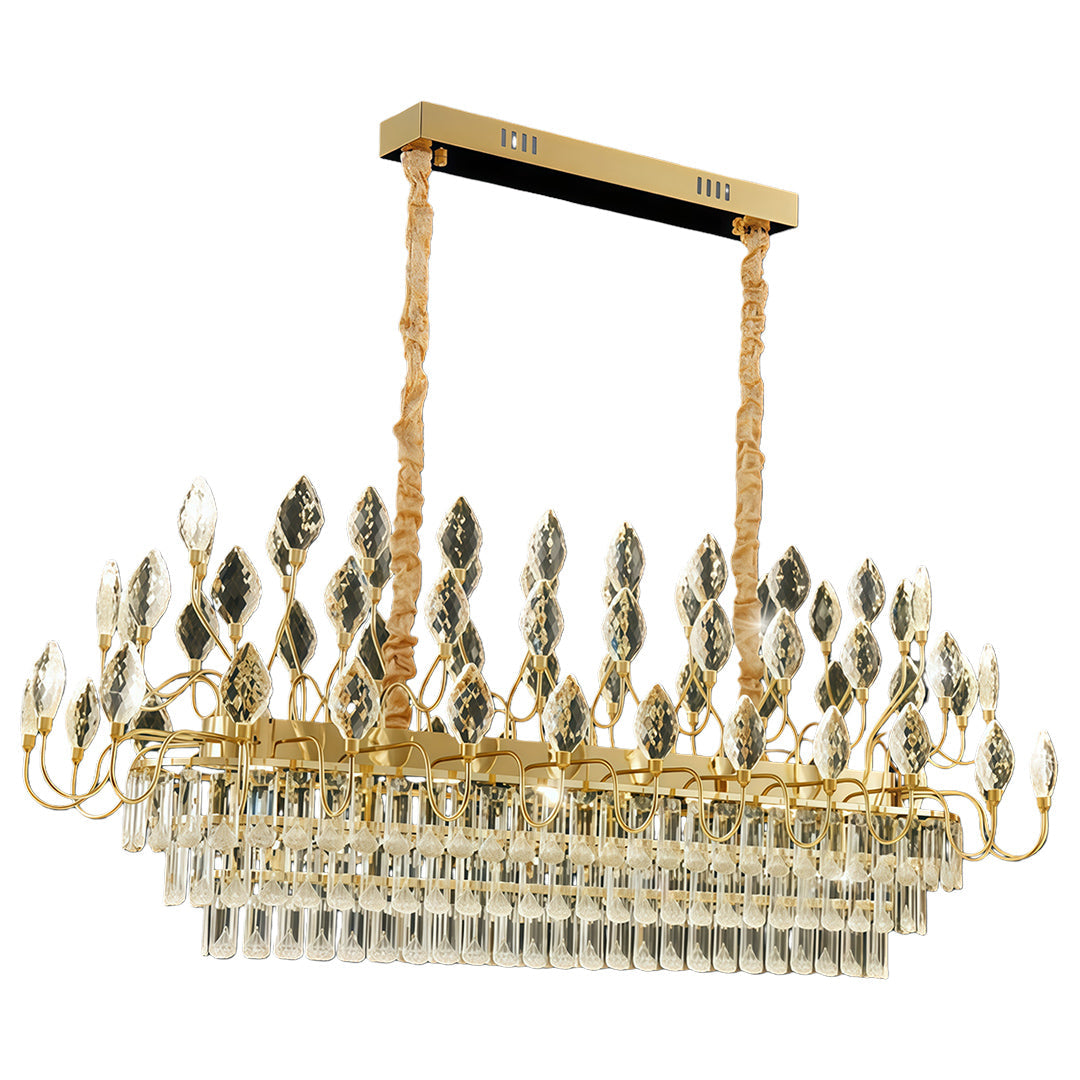 Long LED ceramic crystal led chandelier in gold with crystal embellishments.
