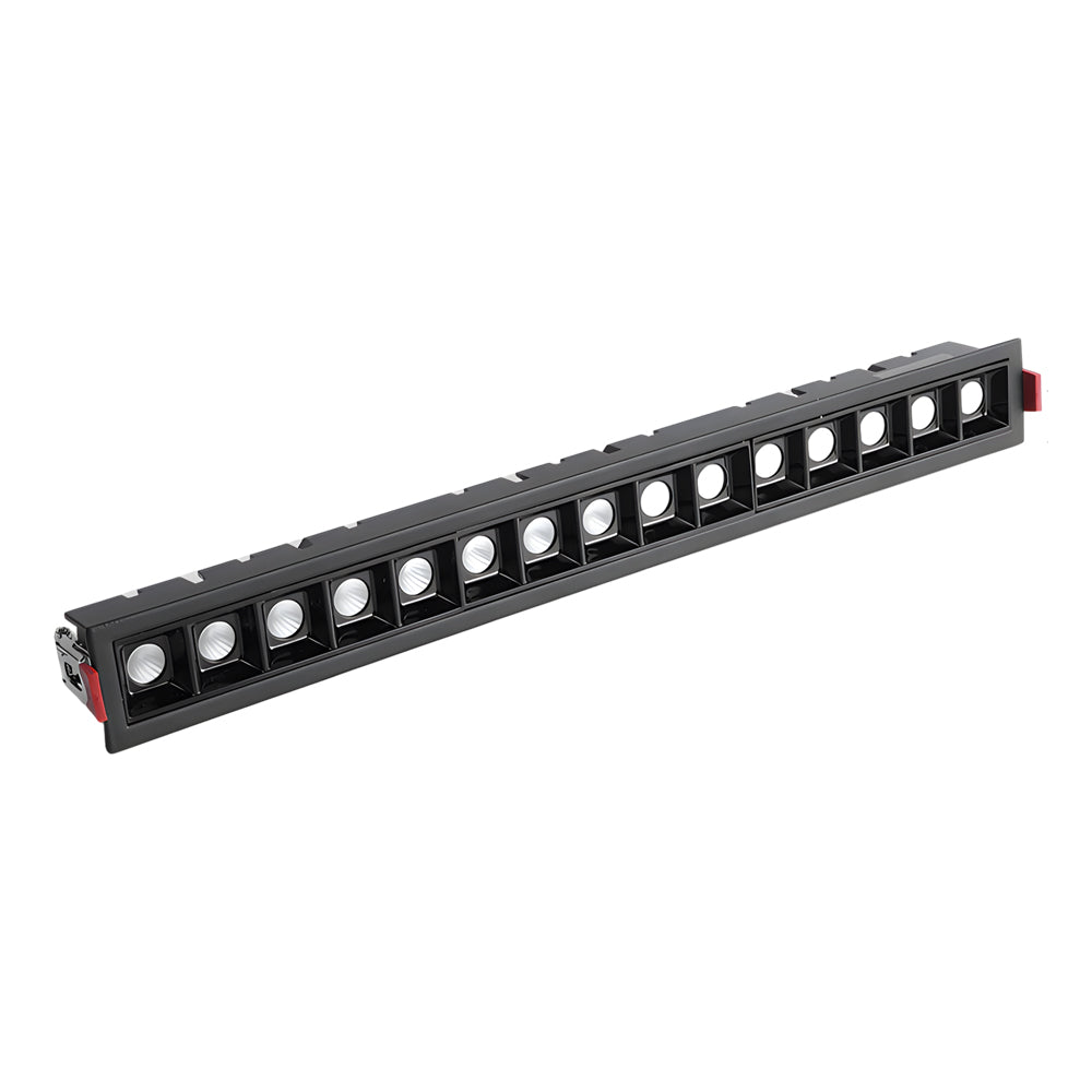 Long recessed ceiling spot light with evenly spaced LED optics.