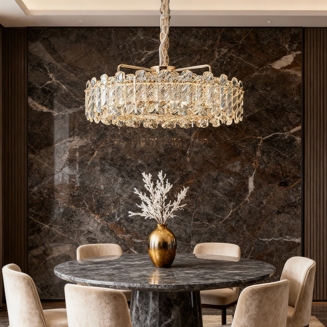 Luxurious Nordic chandelier featuring glass shade chandelier aesthetic creating dramatic focal point above dark marble dining table.