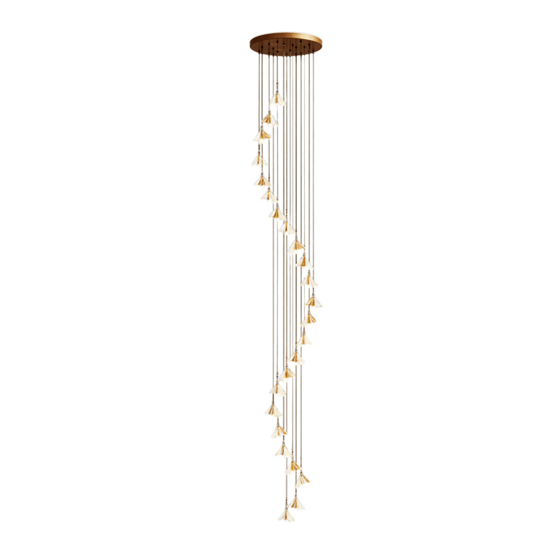 Luxurious staircase chandelier ideas showcasing cascading arrangement of delicate glass botanical pendants in brass finish