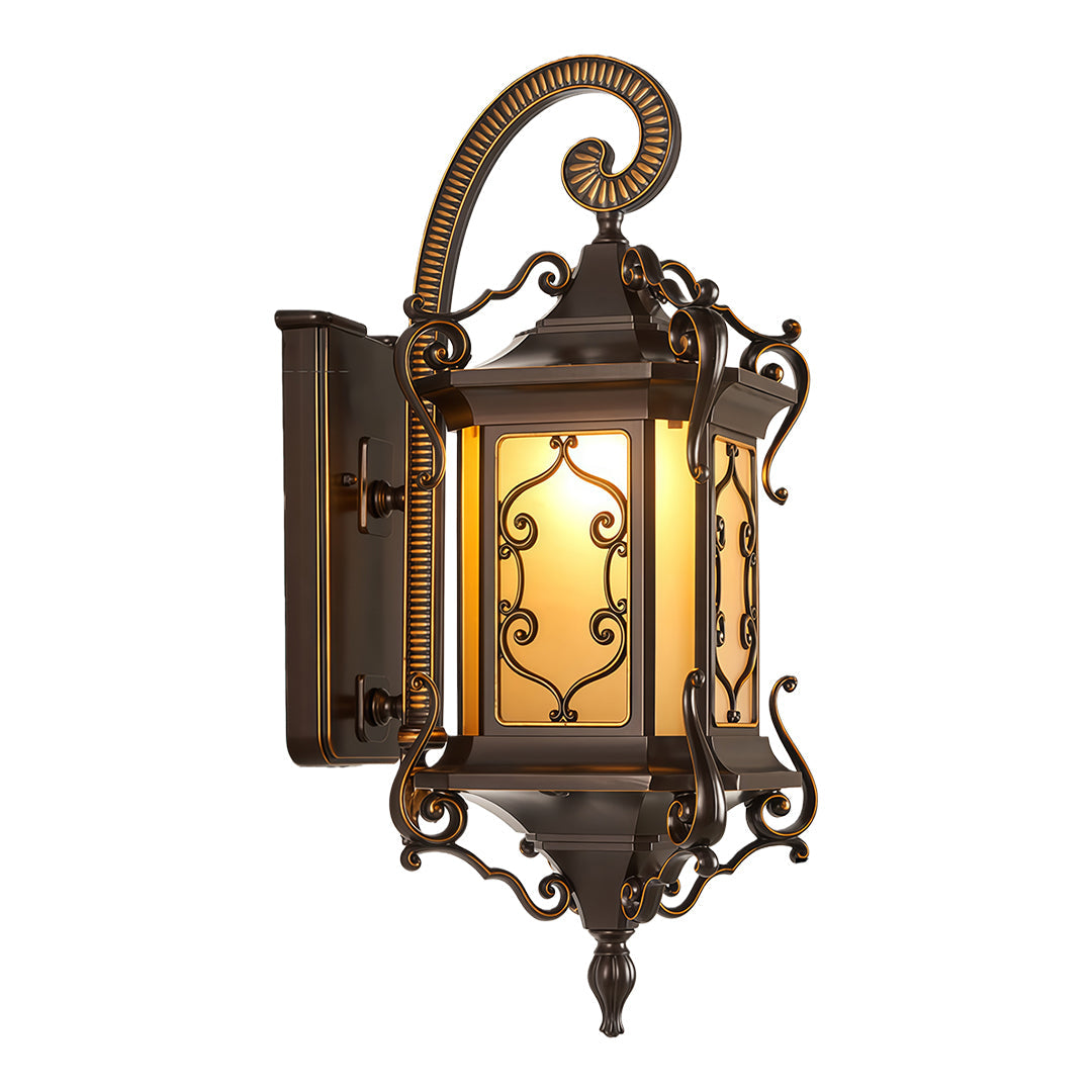 Luxury outdoor wall sconce lights in bronze finish with elegant glass detailing.