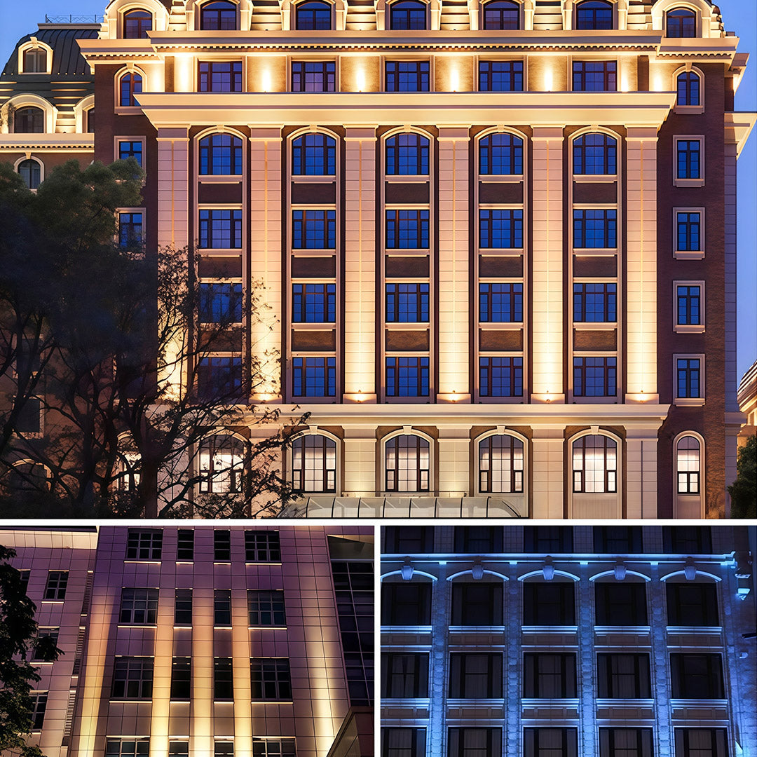 Luxury building illuminated with LED square wall wash light.