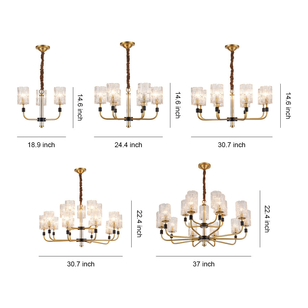 Luxury chandelier modern specification diagram showing multiple size configurations with dimensions