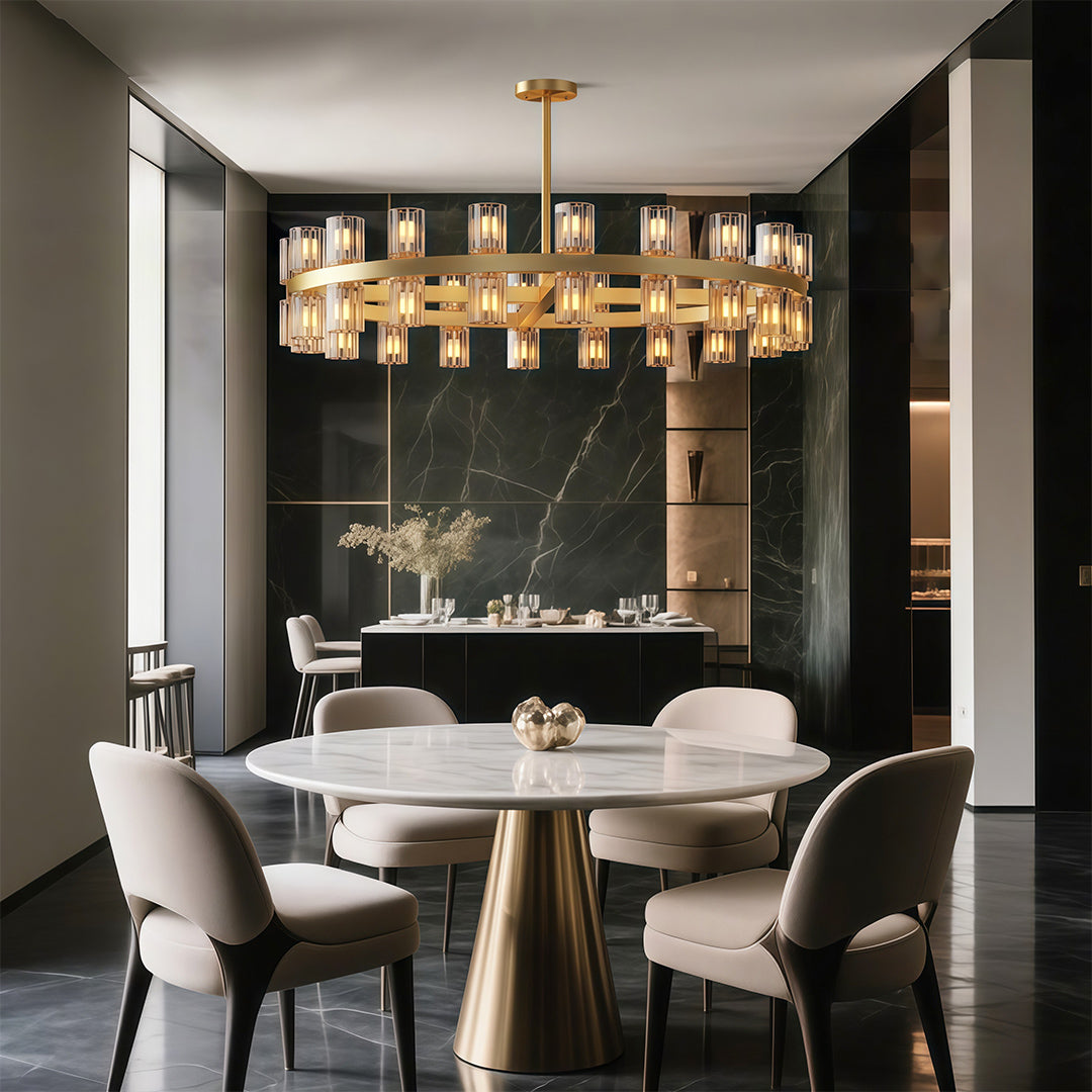 Luxury crystal chandeliers creating dramatic effect in modern dining space with dark walls.