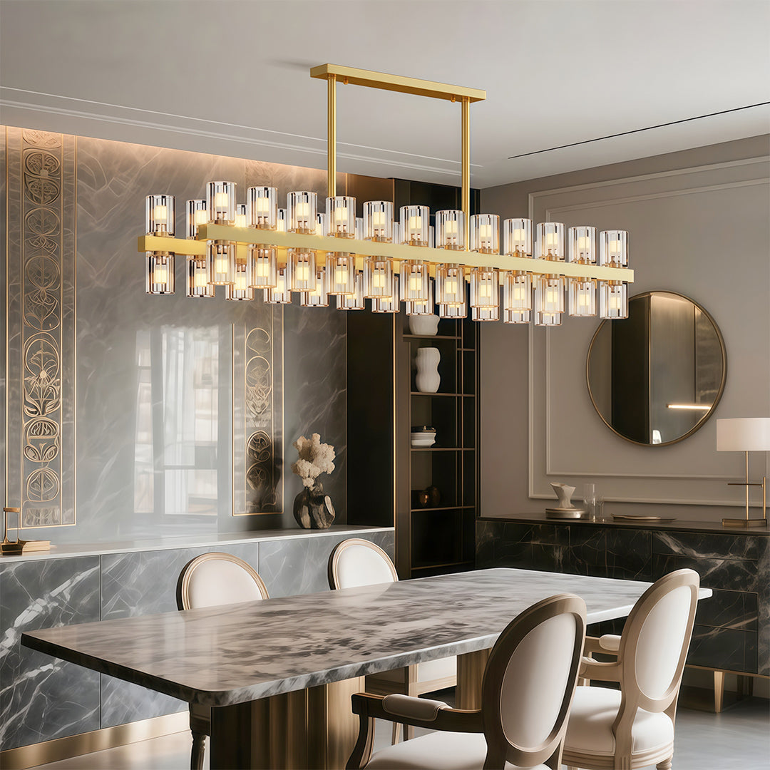 Modern luxury crystal chandeliers creating focal point in elegant dining space with curved seating.