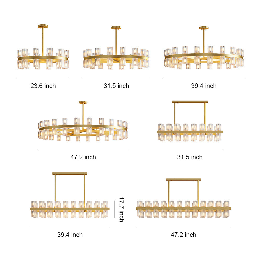Luxury crystal chandeliers specification diagram showing multiple size and configuration options.