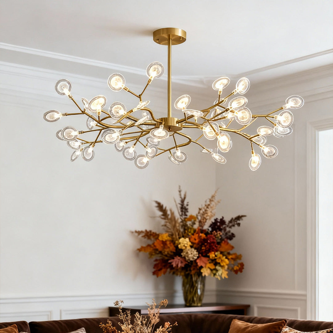 Luxury firefly pendant light with branching brass arms and glass globes.