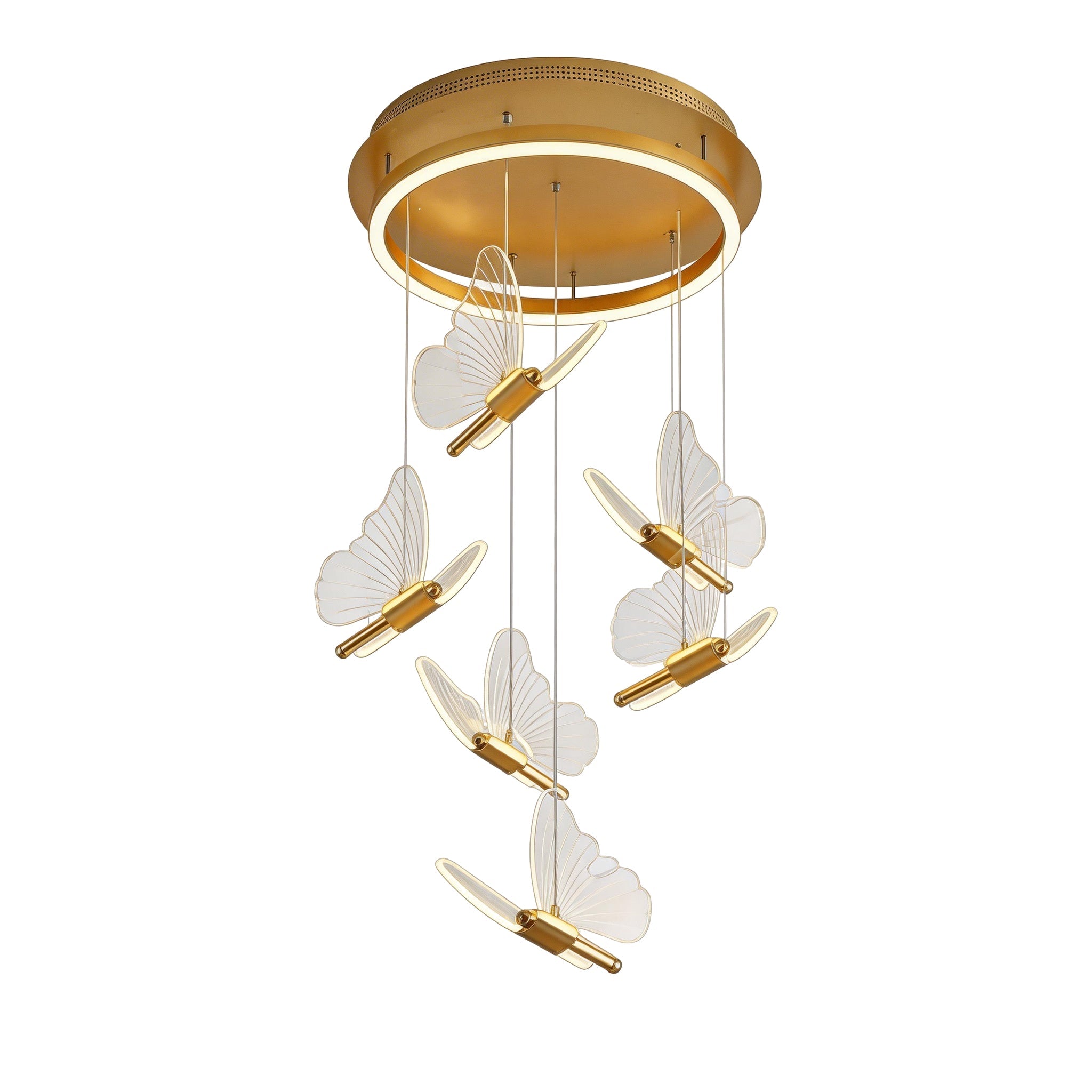 Luxury gold butterfly chandelier cluster with six staggered pendant lights for a grand staircase