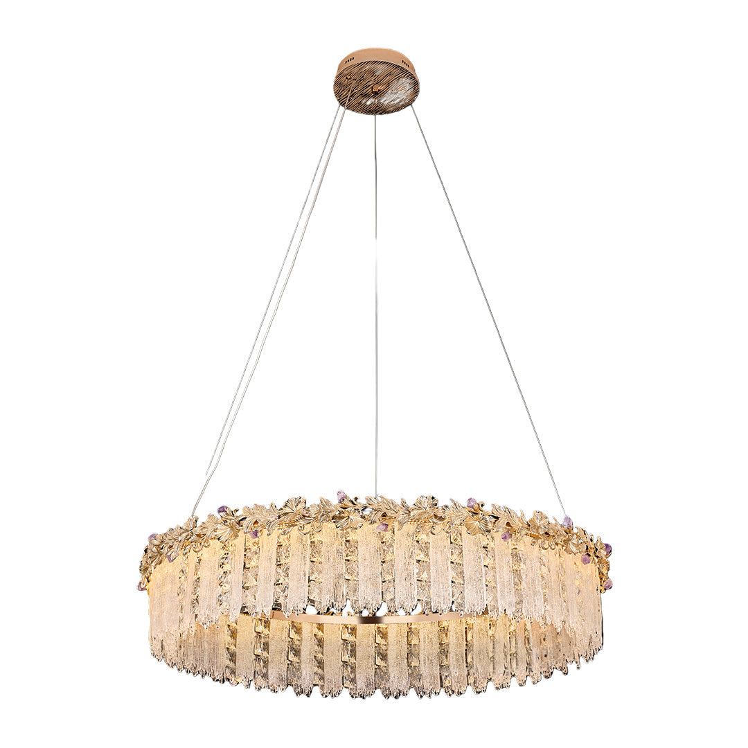 Luxury gold chandelier crystal with faceted glass prisms and modern silhouette.